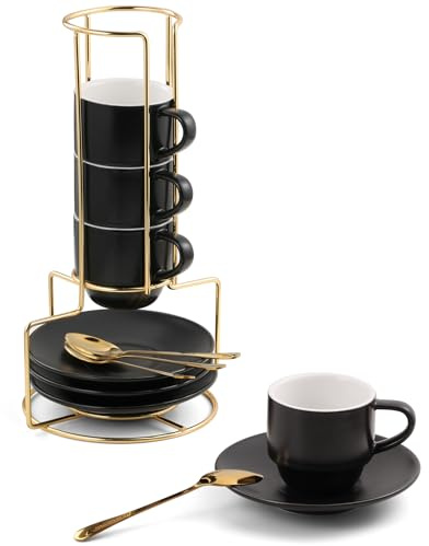 Lareina 3-Ounce Espresso Cups Set of 4, Small Stackable Coffee Cups with Saucers, Spoons and Metal Stand, Ceramic Demitasse Mugs, Espresso Accessories for Machine, Black