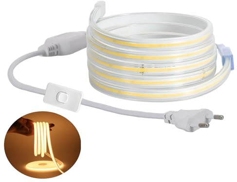 H+H Leipzig COB LED Stripe Set, LED Streifen Band Lichtschlauch Leiste Kette, Teilmöglichkeit aller 10 cm, 360LEDs pro Meter, IP20 Netzkabel mit Eurostecker (05 Meter, Warmweiß (3000K), mit Schalter)
