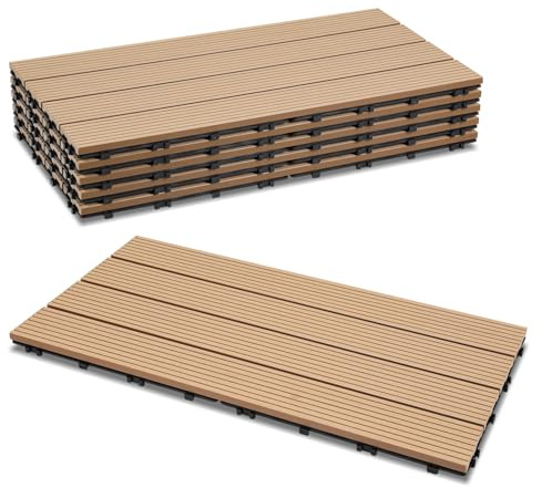 Cecaylie 18-pack WPC terrassplattor, teak balkongplattor 30 x 60 cm – 3 m², perfekt för utomhusbruk klickplattor för balkong, trädgård, terrass, golvbeläggning enkel, snabb och praktisk installation