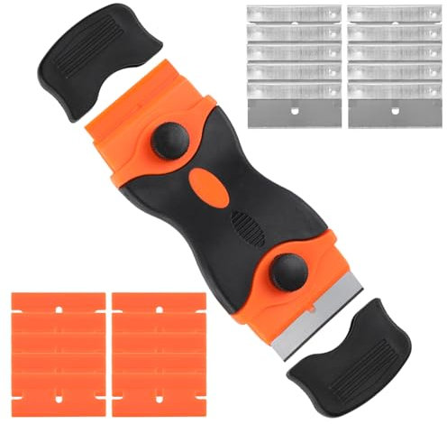 Window Scraper Tool Double Edged Non-Scratch Scraper Cleaning Tool with 10 Metal Blades and 10 Plastic Blades, Ideal for Sticker, Glue, Paint, Glass, Cooktop, Oven, Wallpaper, Decal Removal