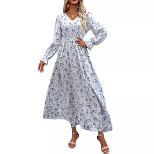 fdsmall Dam blommig boho midi-klänning långärmad v-ringad blommig vardaglig klänning elastisk höjd midja A-linje strand maxiklänningar, Vitt, S