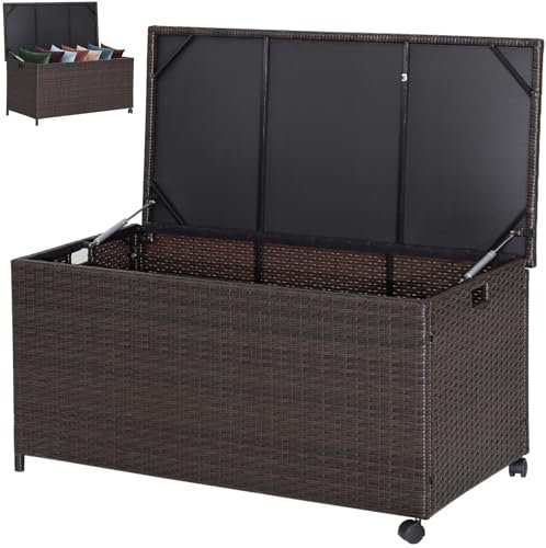 GiantexUK 190/270/660L Garden Storage Box, Weatherproof Rattan Deck Box with Zippered Liner & Pneumatic Rod, Outdoor Utility Chest Container for Patio Cushions Gardening Tools (with Wheels, 190L)