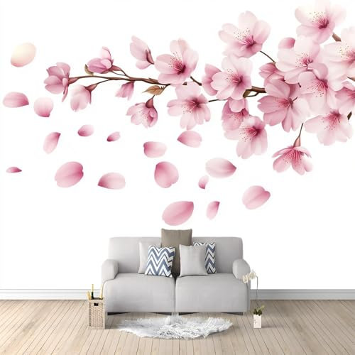 Carta Da Parati Stile Giapponese Fiori Di Pesco Petali 3D Fotomurale – Design Moderno In Tessuto Non Tessuto Per Soggiorno Camera Da Letto Cucina – Murale 350 X 256 Cm Rosa Bianco