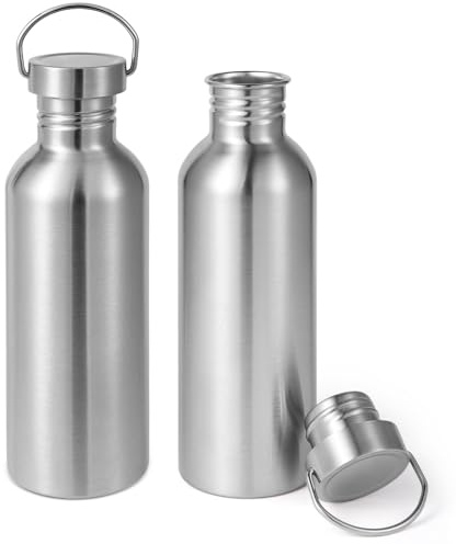 Volhoply 32oz Uninsulated Single Walled Water Bottle 2 Pack, Stainless Steel Reusable Water Bottles with Handle, BPA Free & Plastic Free 18/8 304 Metal Water Bottles for Camping, Hikers, Cyclists