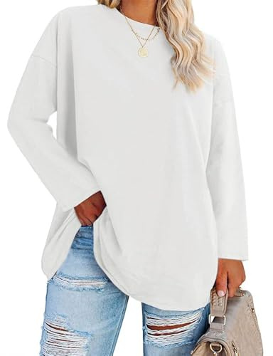 Fisoew Große Größen Langarmshirt Damen Oversize Plus Size T Shirts Rundhalsausschnitt Pullover Basic Tunika Tops Oberteile,Weiß,4XL