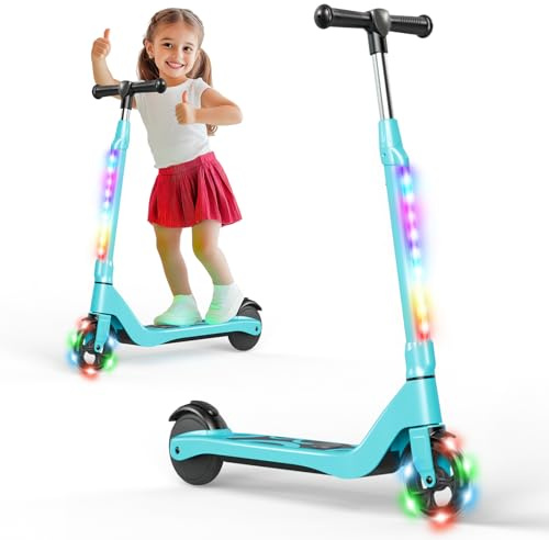 SISIGAD Elektrisk skoter barn 6–8–10 år elektrisk skoter barn 5,3 tum med färgglatt LED-ljus och 3 justerbara höjder, barnskridskor max hastighet 10 km/h maximal räckvidd 4KM