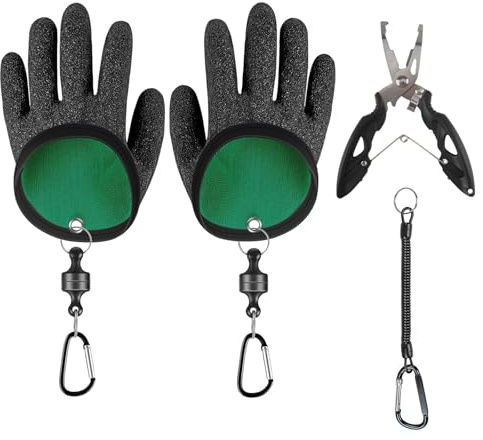 JINXIAN 1 Par Guantes Pesca con 2 Hebillas Magnéticas y Cordón Guantes Antideslizantes y Anti Corte con Alicates Pesca para Actividades Al Aire Libre Manipulación Segura El