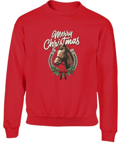 Hippowarehouse Retro Western Holiday Merry Christmas Country Horse and Lucky Horse Shoe Wreath kids children's unisex jumper sweatshirt pullover Red
