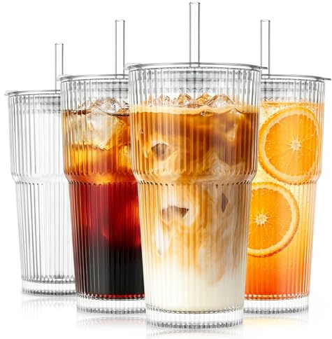 SoulTimes 600 ml Glasbecher mit Deckel und Strohhalm, Gerippte trinkbecher für Iced Coffee, Smoothies, Saft & Kaltgetränke, Wiederverwendbares dickwandiges Glas-Set für Zuhause & unterwegs