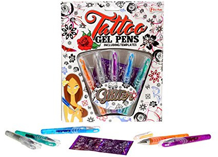 TOI-Toys Tattoo-Stifte für Kinder für die Haut – Temporäres Tattoo-Set für Mädchen, Gelschreiber mit Pailletten, Schablone, Children Tattoo, Geschenke – 5 Farben