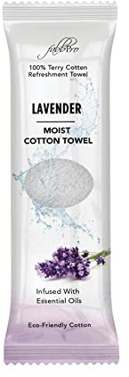 FabbPro Oshibori Moist Terry Cotton Refreshment Towels (25 Pack, 8 x 8 Inches) - White Scented Pre-moistened Essential Oil Infused Towel to Use Hot or Cold - Lavender Scent