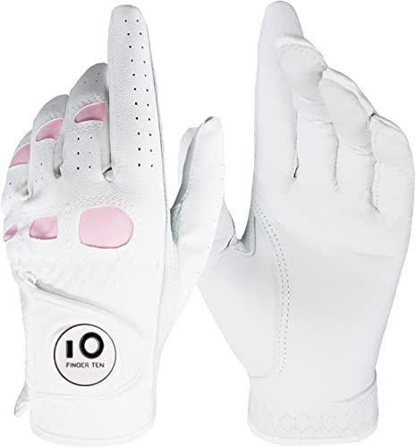 FINGER TEN Gants De Golf Femme Main Gauche Droite en Cuir Cabretta Marqueur De Balle， Gant Durable Confortable Doux Taille S M L XL (Main Gauche(Worn on Left Hand), M)