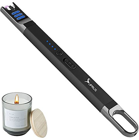 SUPRUS Accendino a candela, ad arco elettrico, antivento, senza fiamma, ricaricabile, tramite USB con luce LED per candela, campeggio, barbecue, cucina (nero)