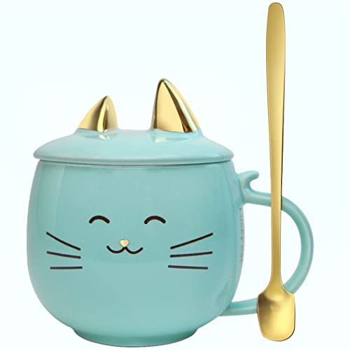 Yuwu Keramik-Kaffeetasse mit Löffel und Deckel, 383 ml, mit Handy-Ständerdeckel, niedliche Teetasse für Frauen und Katzenliebhaber, Blau