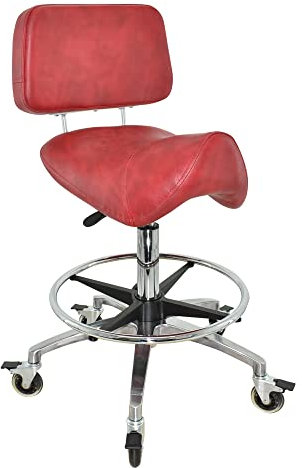 VAKON SALON - Breiter Sattelhocker Rot mit Bremse mit Lehne, Sattelstuhl für Rückenentlastung, Rollhocker höhenverstellbar von 55-75 cm mit Fußring, Praxishocker, Bürohocker, Arbeitshocker