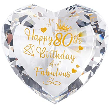 Cadeau d'anniversaire en verre pour femme, cœur en cristal gravé avec bénédictions dorées Happy 80 Years Birthday et fabuleux cadeaux pour grand-mère et amis