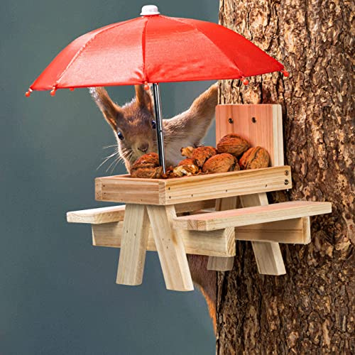Mangeoire pour écureuil pique-nique avec parasol - 21 x 18 cm - Mangeoire en bois à suspendre - Rongeur - Station distributeur de nourriture maison avec parapluie