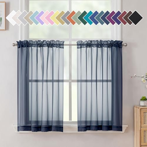 Aiyufeng Navy Blue Sheer Curtains, 36 Inch Length, Short Kitchen Window Treatment, Solid Color, Cafe Curtains, Bathroom, Voile, Half Window Curtains, Rod Pocket, 40 Inch Wx36 Inch L