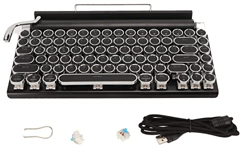 ASHATA Typewriter Style Mechanical Gaming Keyboard, 83 Keys Vintage Punk Gaming Keyboard, Support Wired Wireless Bluetooth Connection, Round Keycaps (Black)