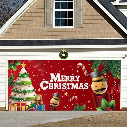Nutcracker Style Garage Door Banner, 13x6 Feet, with Copper Grommets and Rope, Merry Christmas Decorations Door Cover/Murals for Garage, Patio, Garden, Fence