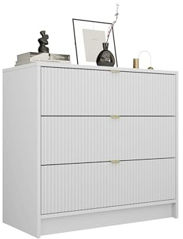 Mirjan24 Kommode Tireno 3SZ mit 3 Schubladen (Weiß) | Schubladenkommode mit geriffelten Fronten und goldfarbenen Griffen für Kleidung und Accessoires, B/H/T: 80/75/40 cm