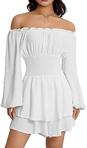Qianderer Women Boho Romper Dress Off Shoulder Ruffle Dress with Shorts Long Sleeve Flowy Layered Jumpsuit Playsuits (Ba White, S)
