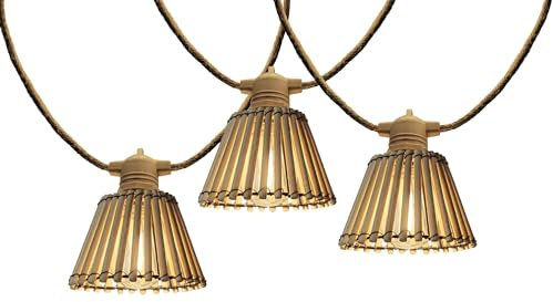 Natura Light Hybrid Catena luminosa collegabile da esterno, a energia solare e a corrente, 10 paralumi naturali in bambù, LED bianco caldo, lunghezza 8 m