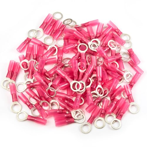 Chanzon 100pcs M8 Heat Shrink Ring Terminal 5/16 inch UL Listed 22-16AWG Gauge Eyelet Wire Connectors Waterproof Marine Grade Adhesive Lined Red Electrical Crimp Connector for Boat Truck Stereo Car