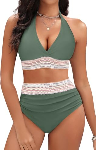 Yonique Damen-Bikini, Bauchkontrolle, zweiteilig, hohe Taille, Push-Up-Badeanzug, Neckholder-Bikinioberteil, Grün (Army Green), XL