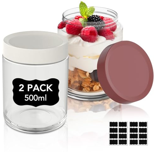 Yoassi Einmachgläser mit Schraubdeckel 500ml, 2er Set Overnight Oats Gläser für Joghurt, Salat, Müsli, Marmelade, Wiederverwendbare Vorratsgläser Glasbehälter mit Deckel Als Mason Jar (Rot-Weiß)
