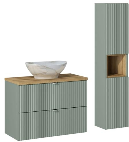 Badezimmer Badmöbel Set 2-teilig in grün und Eiche mit 80cm Waschtisch