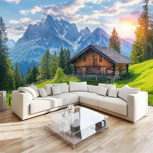 Papier Peint Panoramique 3D Vue Sur Le Chalet Alpin Papier Peint Intissé Tapisserie Poster Mural Paysage Naturel pour Salon Chambre Décoration Murale 200x140cm