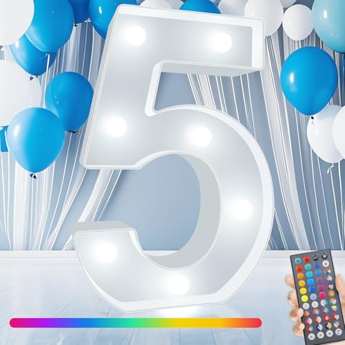 Colorful LED Marquee Number Lights with Remote, 5th Birthday Decoration for Baby Girls Boys, 34 Colors Light Up Numbers Sign Color Changing for Birthday Gifts Wedding Party, Number 5