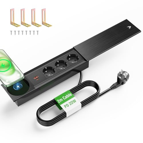 Presa da tavolo a 3 scomparti con USB C PD20 W, da incasso con USB e caricatore senza fili da 15 W, coperchio in metallo, presa a scomparsa per scrivania, cucina, ufficio, nero, cavo da 2 m