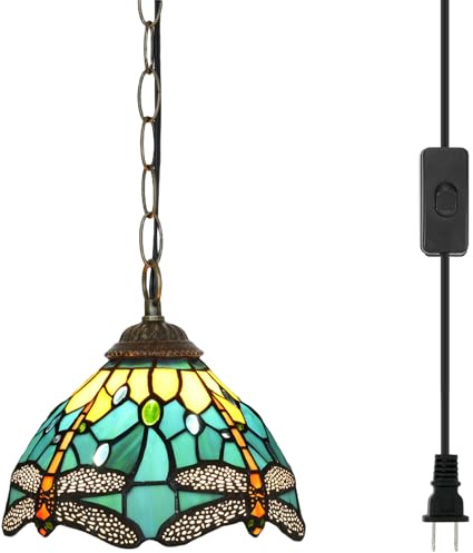 Blivuself Tiffany Pendelleuchte mit 8 Zoll Lampenschirm Grün Libelle Stil Hängelampe Handmade Stained Glass Hängelampe höhenverstellbar für Küche Insel Esszimmer Flur