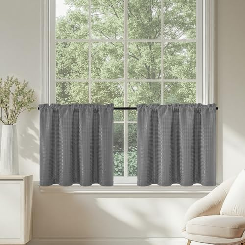TOPICK Köksgardiner med kort lucka gardin, grått våffelmönster, 90 L x 45 cm, 2 paneler, med stång, för sovrum, litet fönster, garderob, nederdel