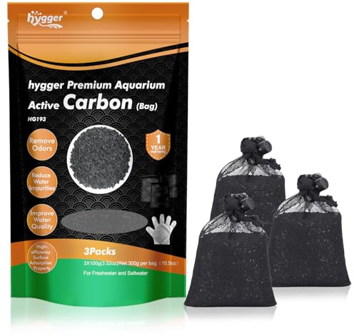 hygger Aquarium Activated Carbon, Premium Natural Coconut Shell Activated Charcoal for Freshwater and Saltwater, Fish Tank Filter Media, Water Purification Carbon (10.5 oz with Fine Mesh Bag)