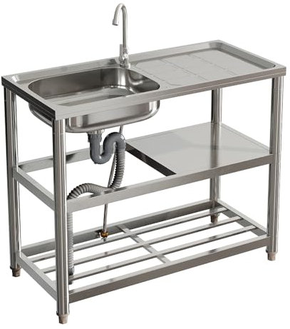 Warmiehomy Kitchen Sink Unit 3 Tier Free Standing Sink with Storage Shelf Stainless Steel Single Bowl Commercial Sinks Outdoor Camping Washbasin with Drainer Kit, 98x45.5x80cm