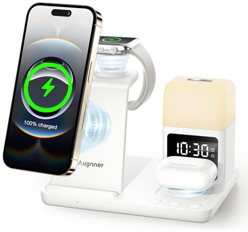 Caricatore Wireless Con lampada notturna e sveglia, 6 In 1 Stazione Ricarica Apple Induttiva Compatibile Con iPhone 17 16 15 14 13 12 11 XS/XR/X/8/8 Plus, Apple Watch, AirPods 4/3/2/Pro (Bianco)