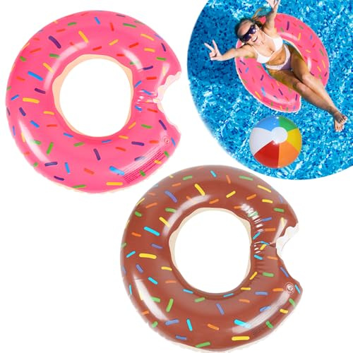 2Pcs Pool Inflatables Swimming Rings for Adults Pool Inflatable Float Rubber Ring 120CM Donut Large Xl Adult Swim Rings in Pink & Brown with 1 Beach Balls, Water Fun Beach Pool Toys for Summer Party