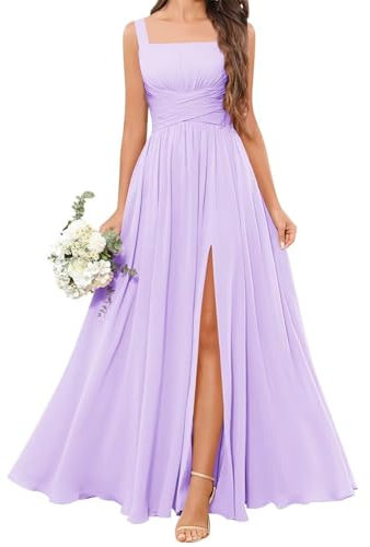 HPPEE Abito da damigella d'onore in chiffon da donna con spacco, plissettato, linea A, abito da sera formale, Lilla, 44