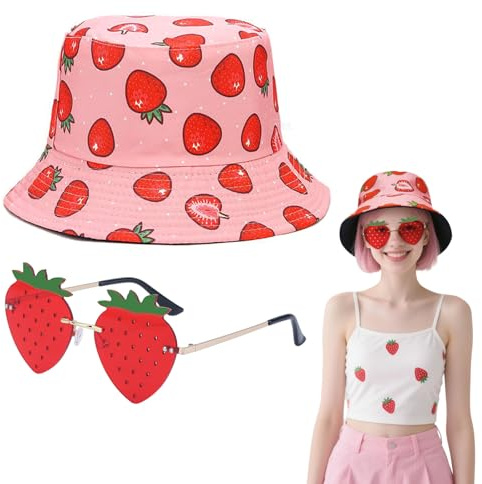 SAIIURV 2 Stück Fischerhut Anglerhut + Erdbeerbrille, Kostüm Accessoires Set, Kreative Sonnenbrille, Sonnenhut 2 in 1 Wendbares für Apero Liebhaber Fasching Karneval Cosplay Kostüme Accessoires (Rosa)