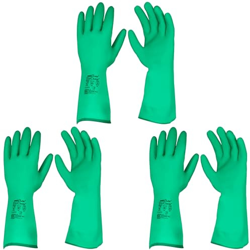 BISON LIFE 15 Mil Nitrile Chemical-Resistant Gloves 3 Pairs (Large) – 13 Reusable Industrial Protective Gloves, Flocklined w/Raised Diamond Grip for Lab Work, Cleaning, Waste Management, Dishwashing