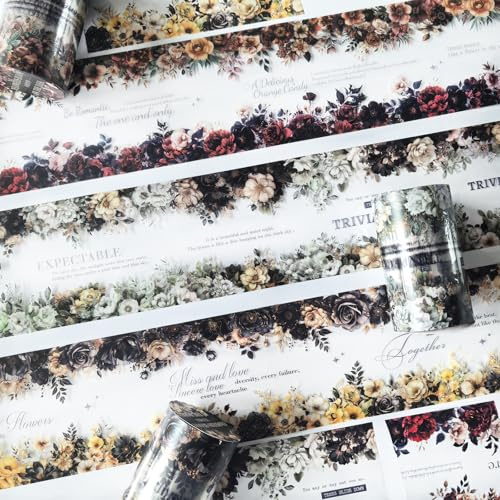 Ta Merry Scrapbook Zubehör Blumen Stickers 3 Rolls PET Washi Tape Aufkleber Dekoration für Bullet Journal Sticker,Alben,Notizblöcke Dekorationen,journaling Zubehör (Dunkle Nacht blüht 1)
