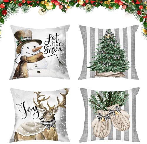 KOMEIYL 4pcs Kissenbezug Weihnachten, 45x45cm Winter Weihnachtskissen, Schneemann Handschuhe Elch Eukalyptus Muster Kissenbezüge, Rot Streifen Christmas Decor Kissen, Gilt für Wohndeko