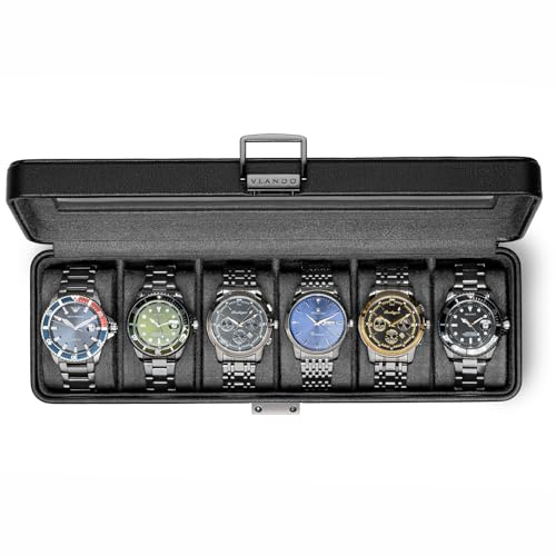 Vlando Uhrenbox Herren, 6 Uhren Uhrenkasten Leder, abschließbarer Uhrenkoffer mit Glasdeckel, Watch Box Uhrenaufbewahrung mit PU Uhrenkissen, Geschenk für Väter, Ehemann, Freund, Schwarz Grau