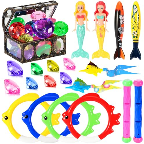 VGOFUN Diving Pool Toys for Kids Ages 3-12, Swimming Pool Toys Water Sinking Toys with Diving Gem Pirate Treasure Chest, Mermaid Toys, Dive Rings Sticks Torpedo Storage Bag for Summer Party Favor