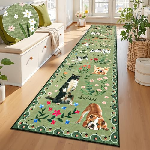 LOKHOM Hallway Runner Rug 2x10 Washable Animal Dog Print Linen Kitchen Rug with Rubber Backing, Non Slip Low Pile Soft Boho Floral Carpet for Entrance Laundry Bedroom, Green