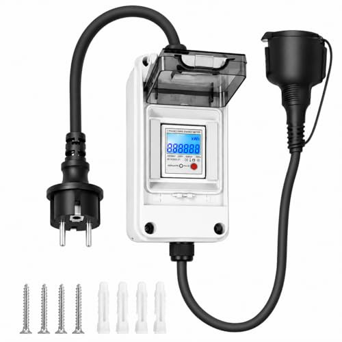 Compteur électrique numérique mobile 230 V avec bouton de réinitialisation et prise étanche IP65 pour camping-cars, véhicules électriques et ménages, câble de 1 m