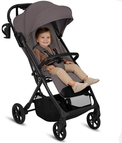 Lionelo Tansi Sittvagn till 22 kg (6 mån–4 år) – Kompakt Resebarnvagn med Plant Liggläge, Automatisk Enhandsfällning, Fjädring och Gravel-Hjul, XXL Sufflett UPF50+, Står Ihopfälld, Mugghållare – Beige